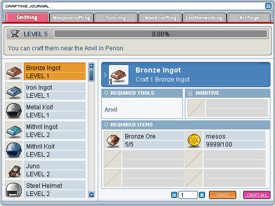 Official Crafting interface showing a recipe and material list
